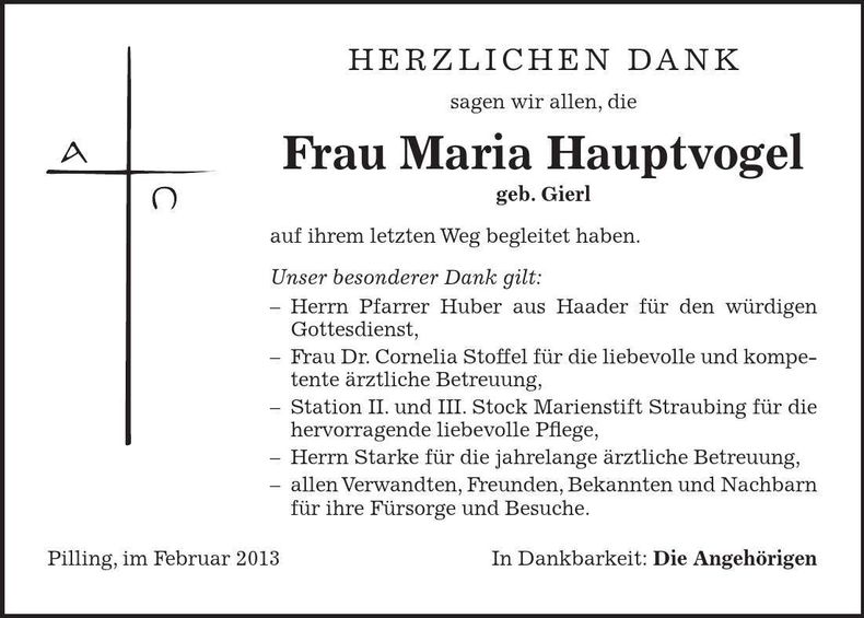 Traueranzeige Maria Hauptvogel