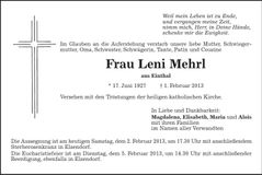 Traueranzeige Leni Mehrl