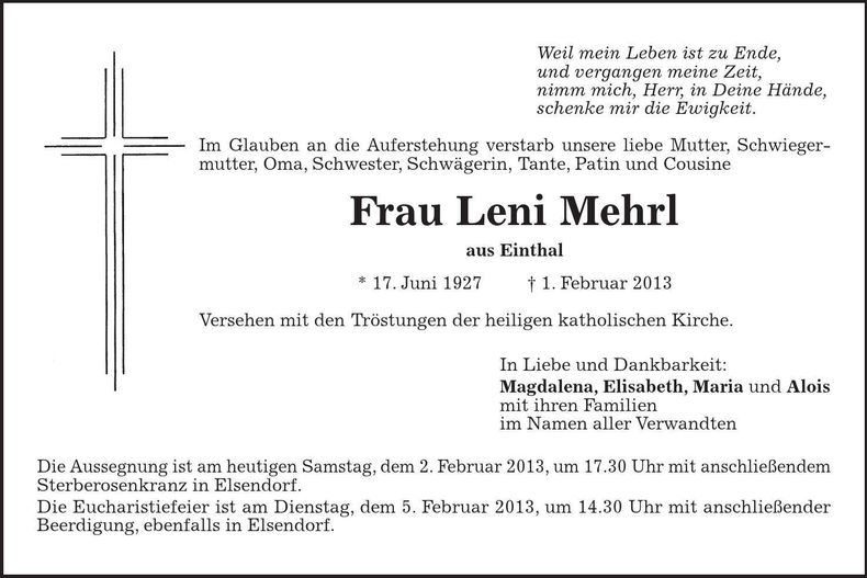 Traueranzeige Leni Mehrl