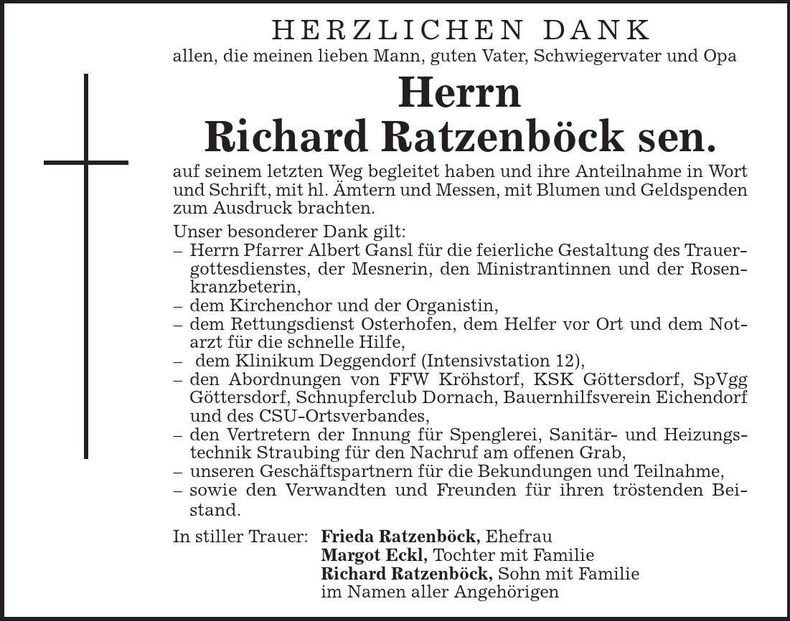 Traueranzeige Richard sen. Ratzenböck