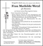 Traueranzeige Mathilde Wetzl