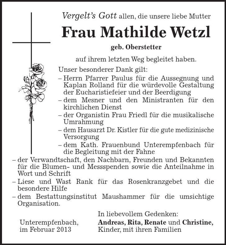 Traueranzeige Mathilde Wetzl