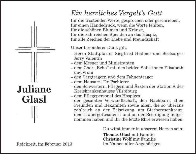 Traueranzeige Juliane Glasl