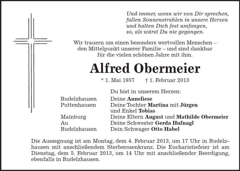 Traueranzeige Alfred Obermeier