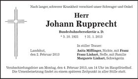 Traueranzeige Johann Rupprecht