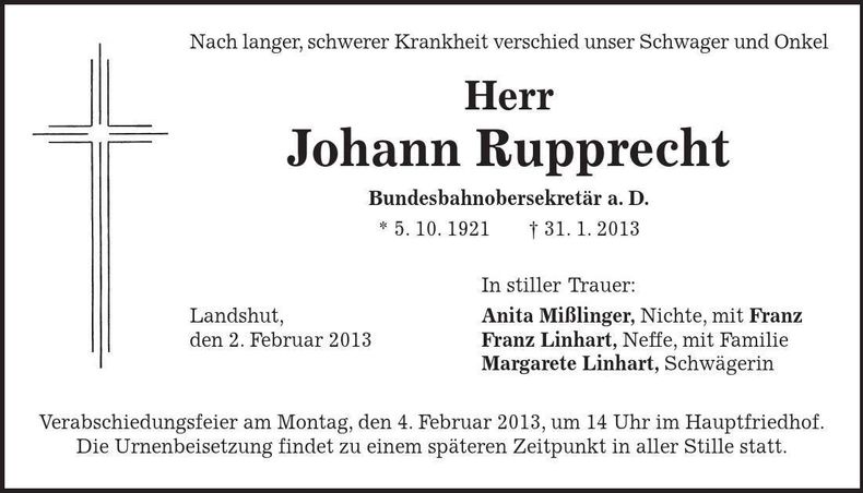 Traueranzeige Johann Rupprecht