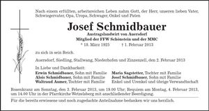 Traueranzeige Josef Schmidbauer