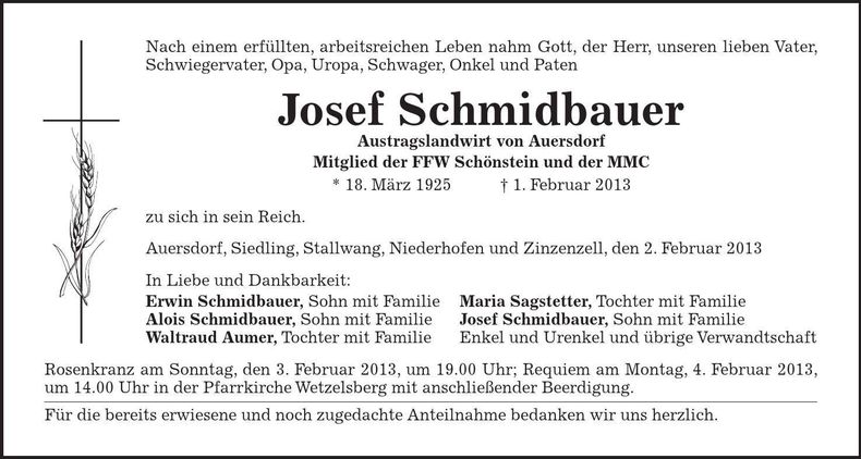 Traueranzeige Josef Schmidbauer