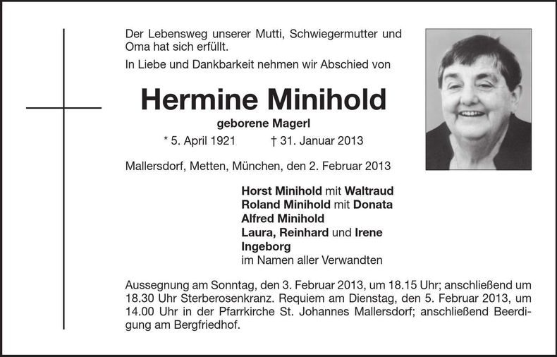 Traueranzeige Hermine Minihold