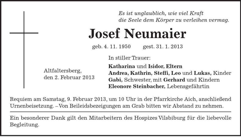 Traueranzeige Josef Neumaier