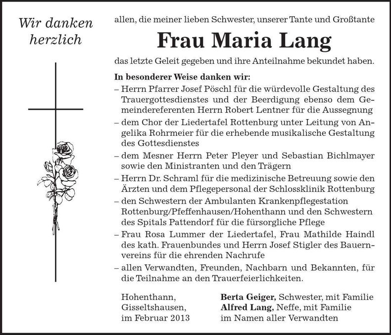 Traueranzeige Lang Maria