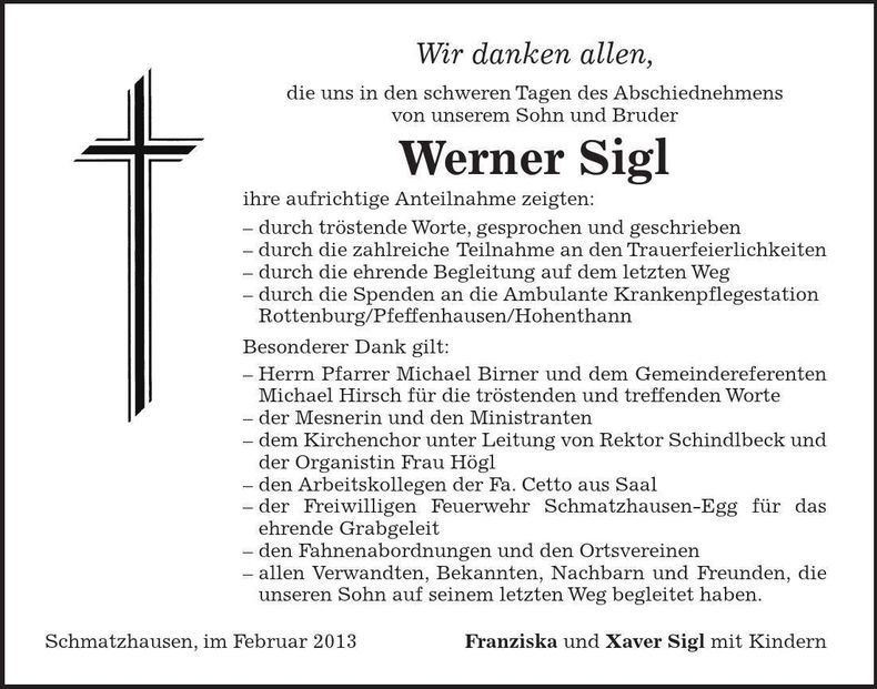 Traueranzeige Werner Sigl