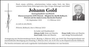 Traueranzeige Johann Gold