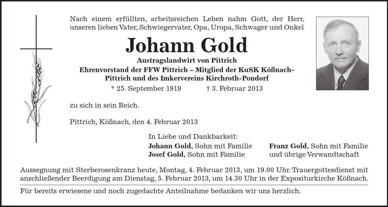 Traueranzeige Johann Gold