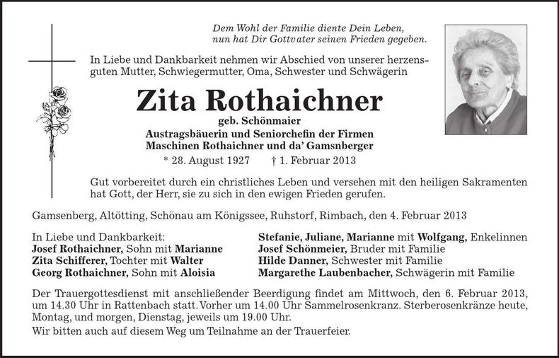 Traueranzeige Zita Rothaichner