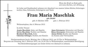 Traueranzeige Maria Maschlak