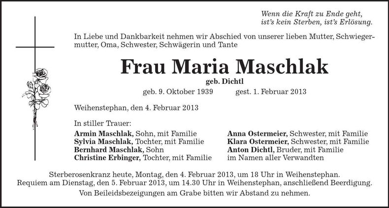 Traueranzeige Maria Maschlak