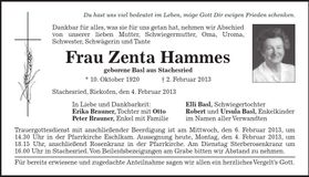 Traueranzeige Zenta Hammes