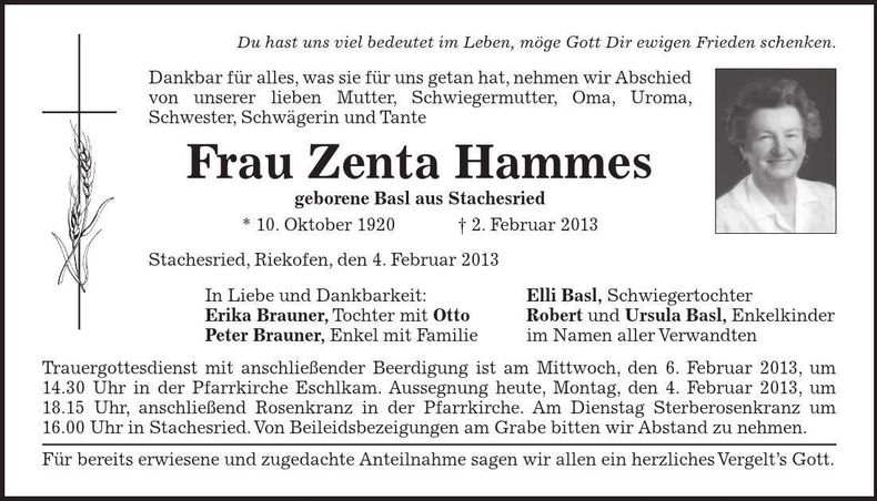 Traueranzeige Zenta Hammes