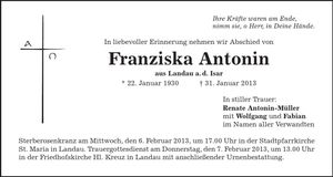 Traueranzeige Franziska Antonin