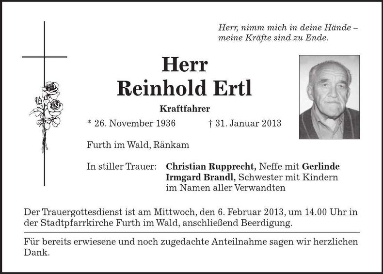Traueranzeige Reinhold Ertl