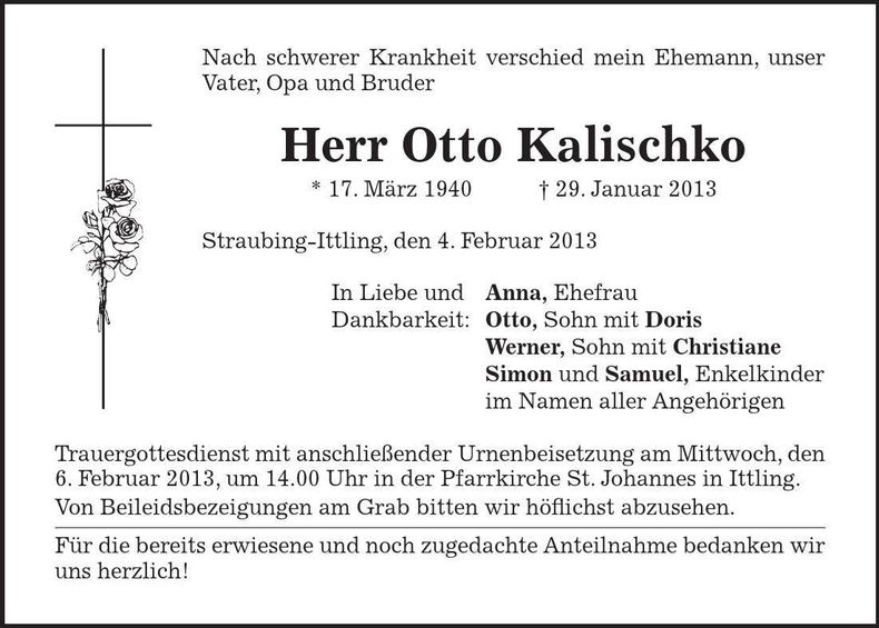 Traueranzeige Otto Kalischko