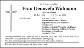 Traueranzeige Genovefa Widmann