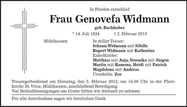 Traueranzeige Genovefa Widmann
