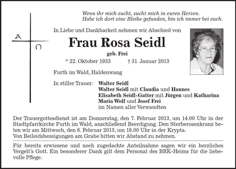 Traueranzeige Rosa Seidl