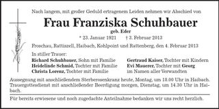 Traueranzeige Franziska Schuhbauer