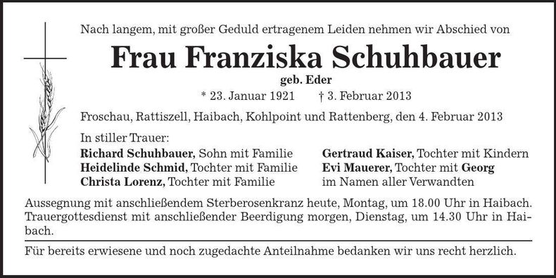 Traueranzeige Franziska Schuhbauer