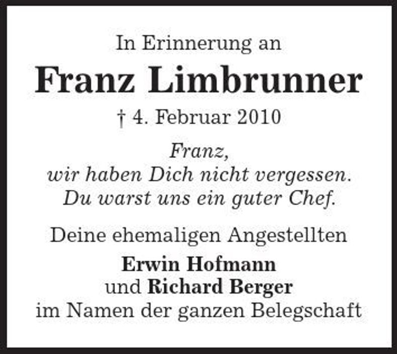 Traueranzeige Franz Limbrunner