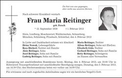 Traueranzeige Maria Reitinger