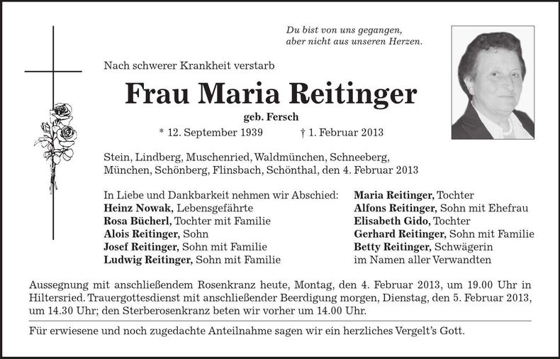 Traueranzeige Maria Reitinger