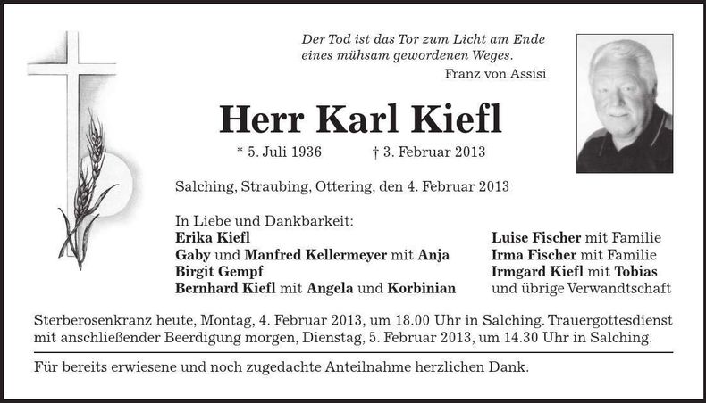 Traueranzeige Karl Kiefl