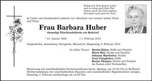 Traueranzeige Barbara Huber