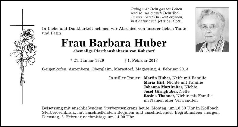 Traueranzeige Barbara Huber