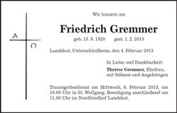 Traueranzeige Friedrich Gremmer