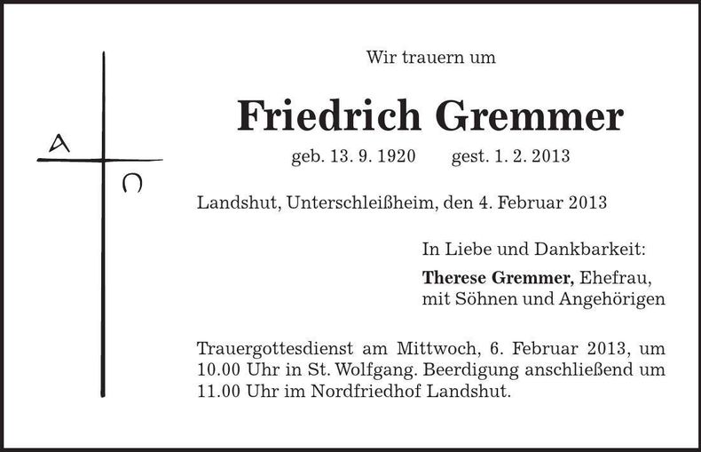 Traueranzeige Friedrich Gremmer