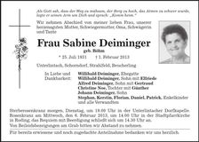 Traueranzeige Sabine Deiminger