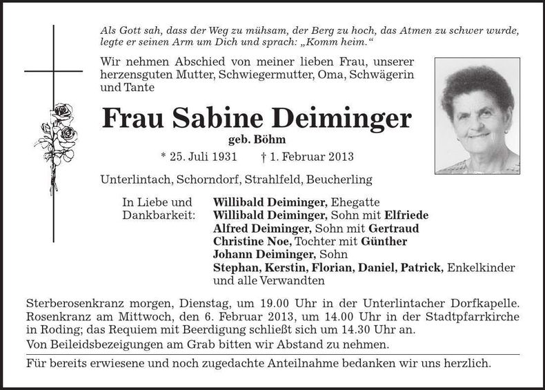 Traueranzeige Sabine Deiminger