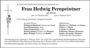 Traueranzeige Hedwig Pernpeintner