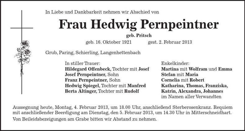 Traueranzeige Hedwig Pernpeintner