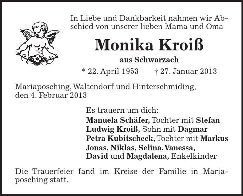 Traueranzeige Monika Kroiß