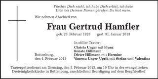 Traueranzeige Gertrud Hamfler