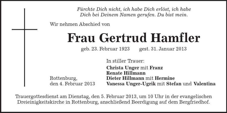 Traueranzeige Gertrud Hamfler