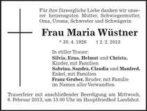 Traueranzeige Maria Wüstner