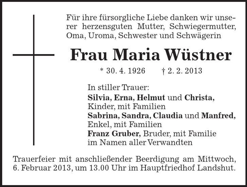 Traueranzeige Maria Wüstner