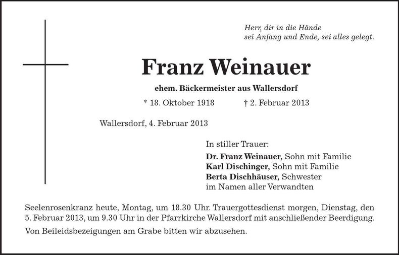 Traueranzeige Franz Weinauer