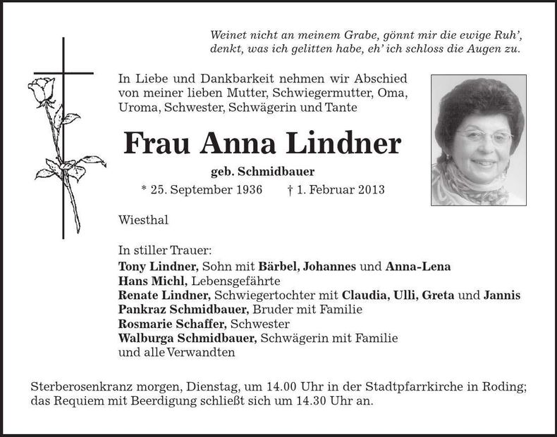 Traueranzeige Anna Lindner